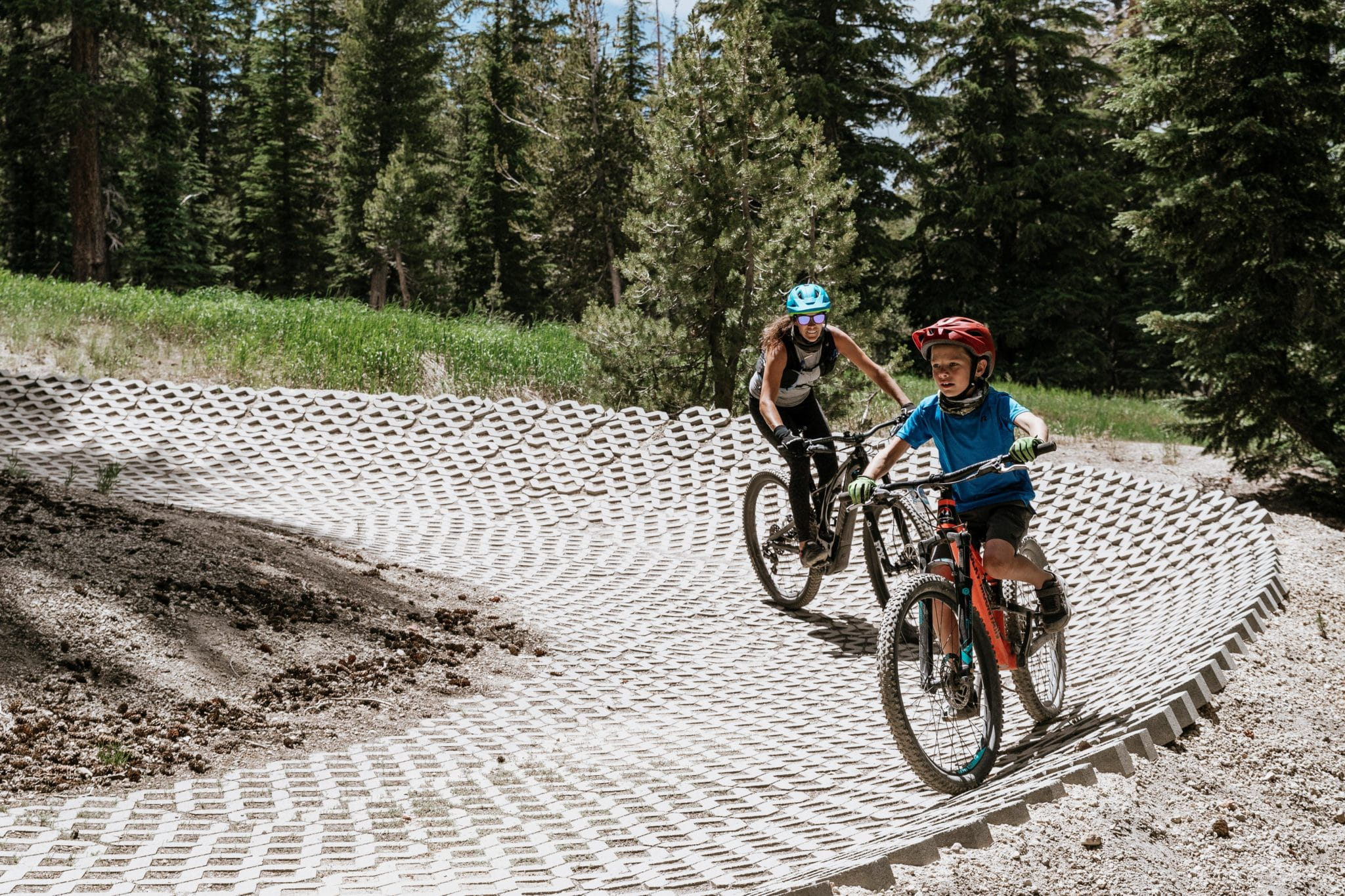 Two mountain bikers on a trail in the summer